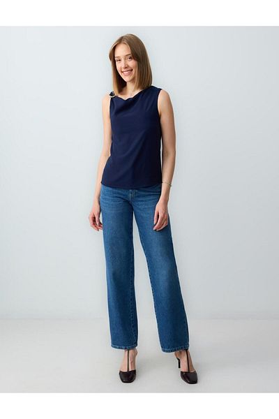 Jimmy Key Navy Blue Straight Cut Boat Neck Sleeveless Woven Blouse