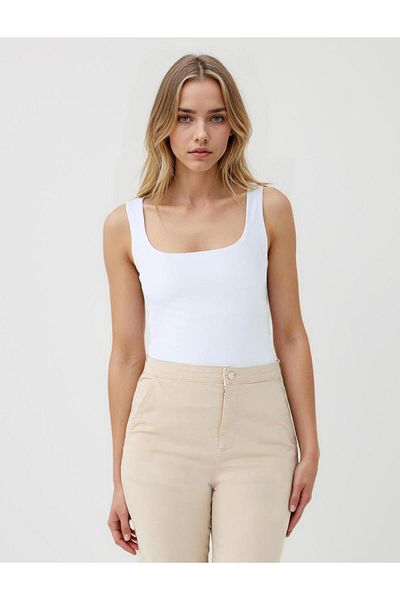 Jimmy Key White Slim Fit Square Neck Strappy Knitted Blouse