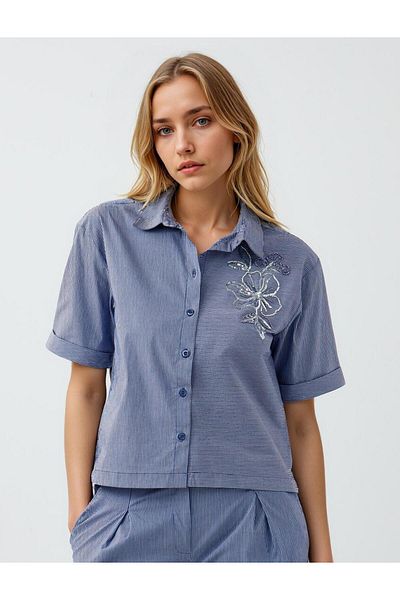 Jimmy Key Navy Blue Short Sleeve Beaded Woven Shirt