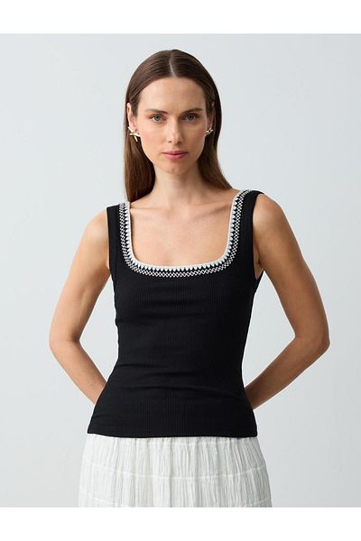 Jimmy Key Black Slim Fit Square Neck Strap Blouse