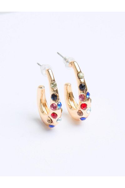 Jimmy Key Gold Colored Stone Detailed Half Hoop Earrings