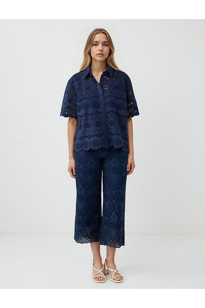 Jimmy Key Navy Blue 100% Cotton Elbow Sleeve Lace Woven Shirt