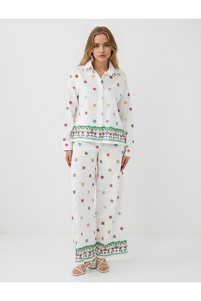Jimmy Key Ecru 100% Cotton Floral Patterned Shirt Collar Woven Shirt