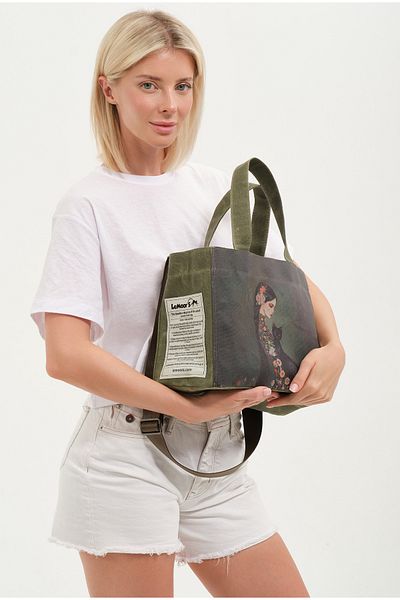 Lemoors Hibiscus Waxed Canvas Printed Khaki Color Design Bag