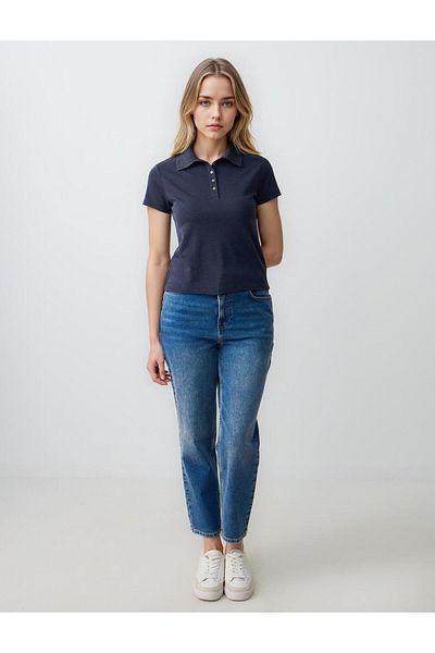 Jimmy Key Navy Blue Straight Cut Shirt Collar Short Sleeve Knitted T-Shirt