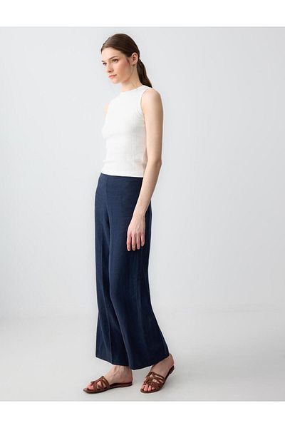 Jimmy Key Navy Blue 100% Linen Regular Waist Long Trousers