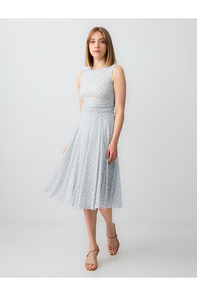 Jimmy Key Beige Round Neck Sleeveless Plaid Print Mesh Knitted Midi Dress