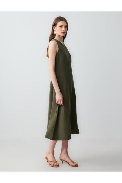 Jimmy Key Χακί Χαλαρή Εφαρμογή Στρογγυλή λαιμόκοψη Αμάνικο λινό μίντι φόρεμα