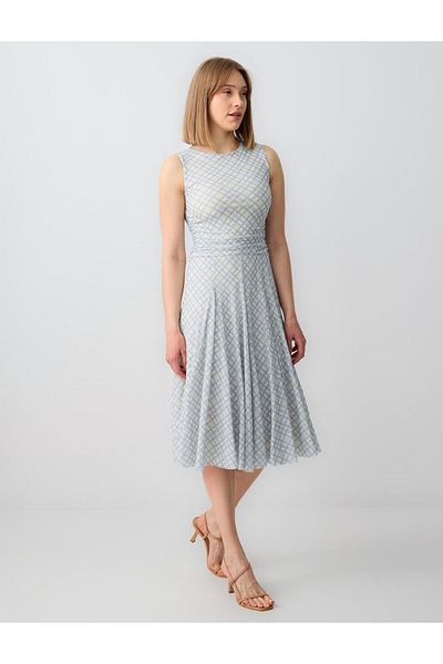Jimmy Key Beige Round Neck Sleeveless Plaid Print Mesh Knitted Midi Dress