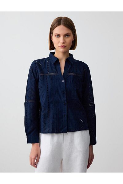 Jimmy Key Navy Blue 100% Cotton Long Sleeve Openwork Woven Shirt