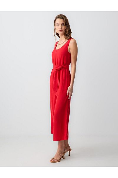 Jimmy Key Short Linen Blend Jumpsuit with Red Belt Detail