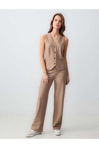 Jimmy Key Beige Stripe Patterned Relaxed Cut High Waist Loose Wide Leg Knitted Trousers