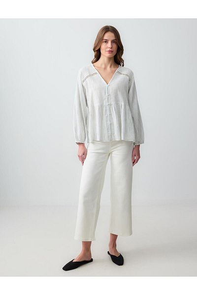 Jimmy Key Ecru Relaxed Cut V-Neck Long Sleeve Patterned Woven Blouse