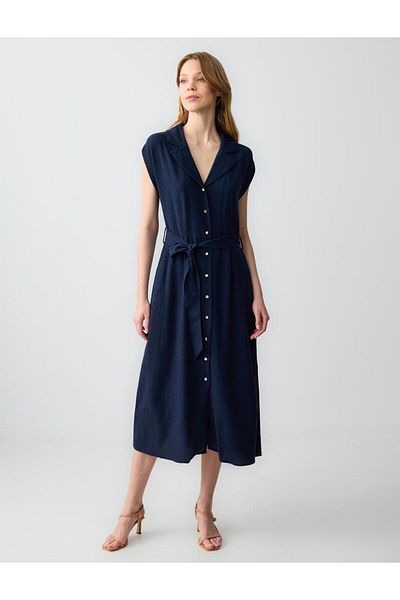 Jimmy Key Navy Blue Straight Cut Short Sleeve Shirt Collar Linen Midi Dress