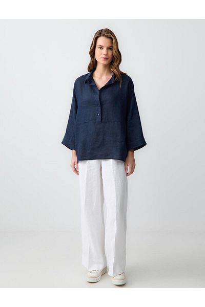Jimmy Key Navy Blue 100% Linen Relaxed Cut Three Quarter Sleeve Shirt Collar Blouse