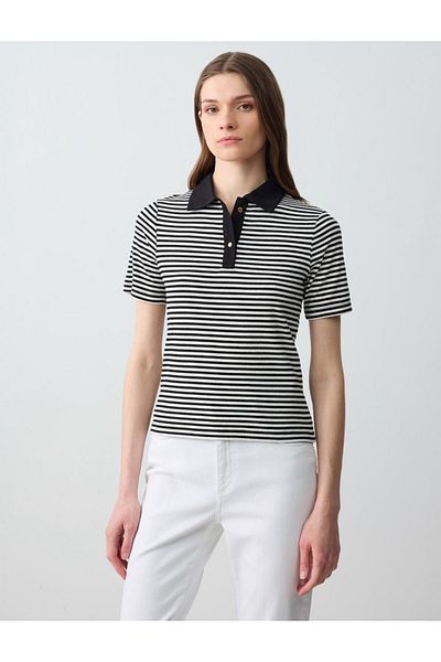 Jimmy Key Black Polo Neck Short Sleeve Stripe Patterned Knitted Blouse