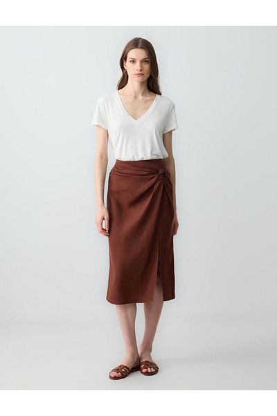 Jimmy Key Bitter Brown 100% Linen High Waist Slit Detailed Midi Skirt