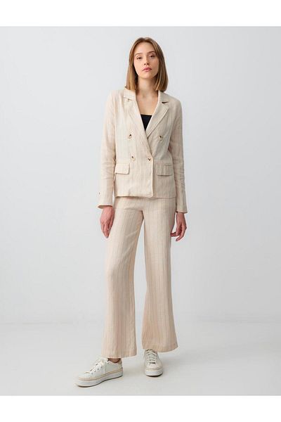 Jimmy Key Stone 100% Linen Relaxed Cut High Waist Loose Wide Leg Striped Trousers