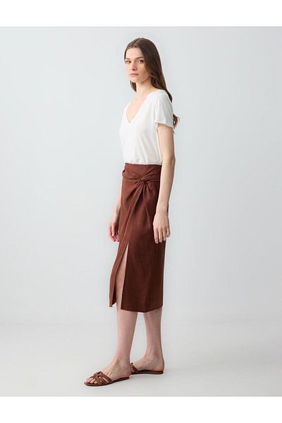 Jimmy Key Bitter Brown 100% Linen High Waist Slit Detailed Midi Skirt