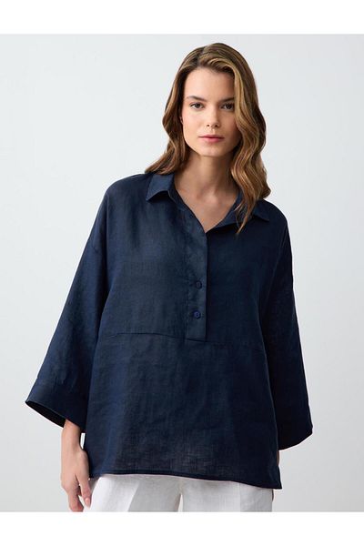 Jimmy Key Navy Blue 100% Linen Relaxed Cut Three Quarter Sleeve Shirt Collar Blouse