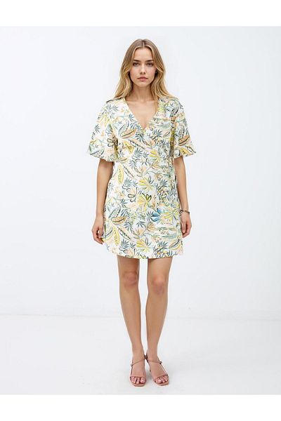 Jimmy Key Stone V Neck Short Sleeve Patterned Linen Blend Mini Dress