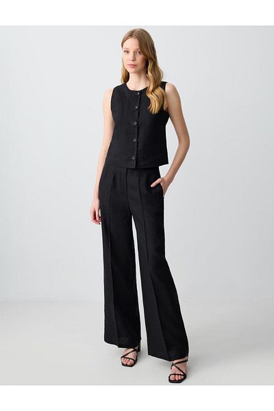 Jimmy Key Black 100% Linen Relaxed Cut High Waist Loose Wide Leg Pants