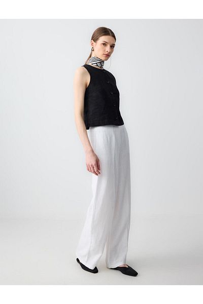 Jimmy Key White 100% Linen Relaxed Cut High Waist Loose Wide Leg Trousers