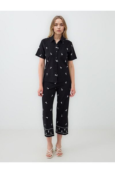 Jimmy Key Black 100% Cotton Wide Leg Palm Patterned Woven Trousers