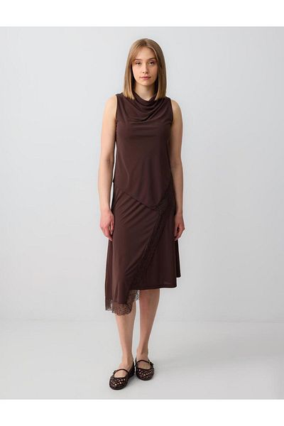Jimmy Key Bitter Brown Relaxed Cut High Waist Lace Detailed Knitted Midi Skirt
