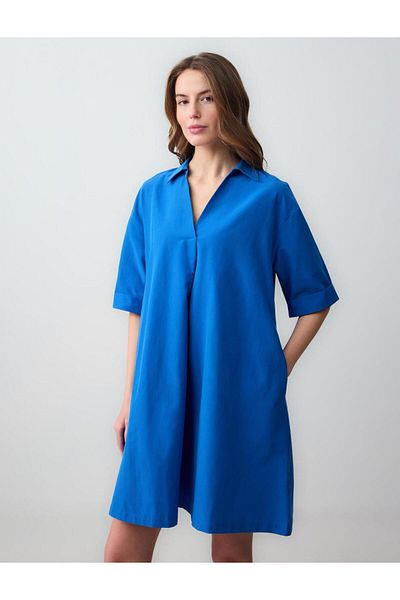 Jimmy Key Navy Blue Relaxed Cut Shirt Collar Elbow Sleeve Woven Mini Dress