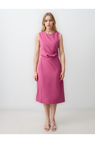 Jimmy Key Dusty Rose Straight Cut Round Neck Sleeveless Woven Midi Dress
