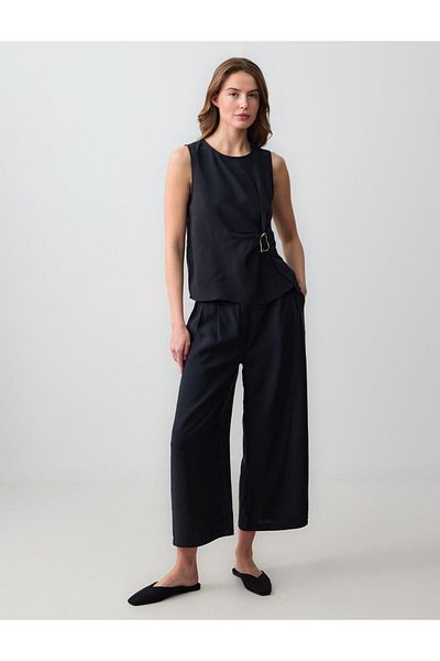 Jimmy Key Black Relaxed Cut High Waist Loose Wide Leg Short Woven Trousers
