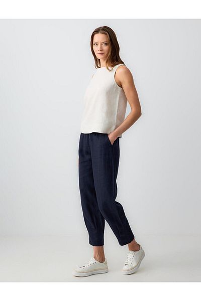 Jimmy Key Navy Blue 100% Linen High Waist Narrow Leg Woven Trousers