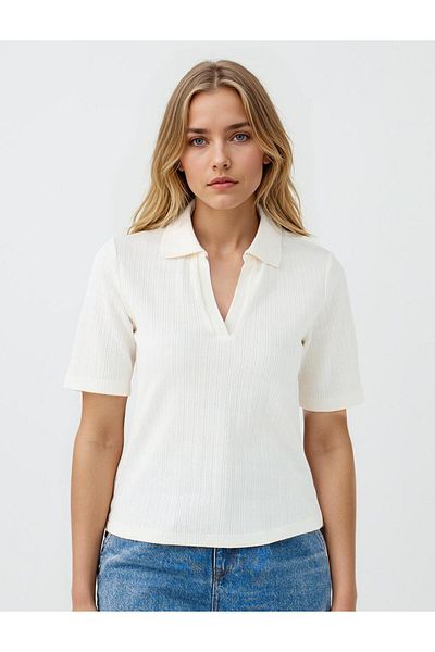 Jimmy Key Ecru Polo Neck Short Sleeve Cotton Knitted Blouse