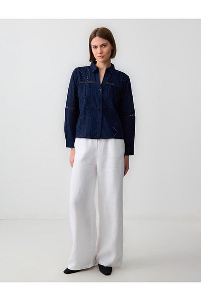 Jimmy Key Navy Blue 100% Cotton Long Sleeve Openwork Woven Shirt