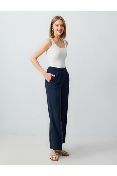 Jimmy Key Navy Blue Wide Leg High Waist Relaxed Cut Woven Trousers