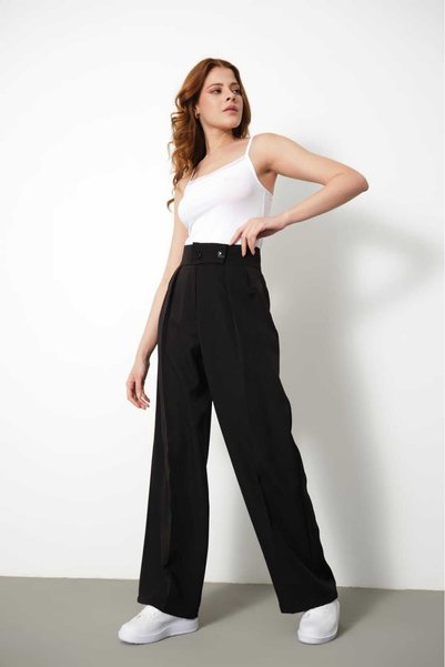 H&A İSTANBUL Women's Black Pleated High Waist Button-Closure Fabric Palazzo Pants