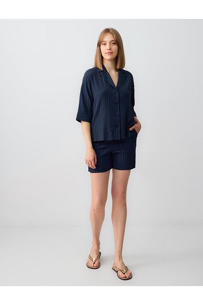 Jimmy Key Navy Blue High Waist Regular Leg Patterned Linen Blend Shorts