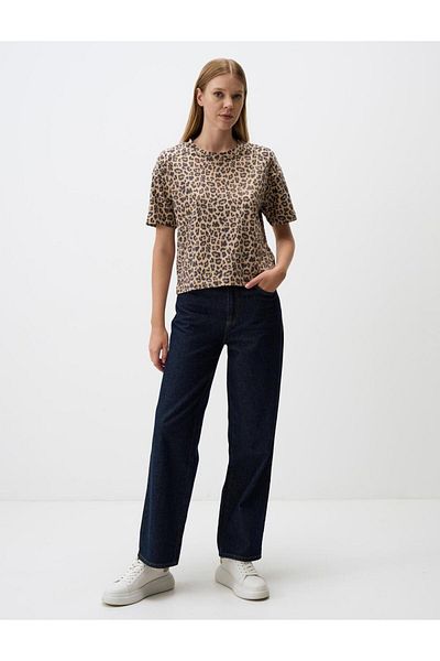 Jimmy Key Brown Relaxed Cut Crew Neck Short Sleeve Leopard Print Blouse