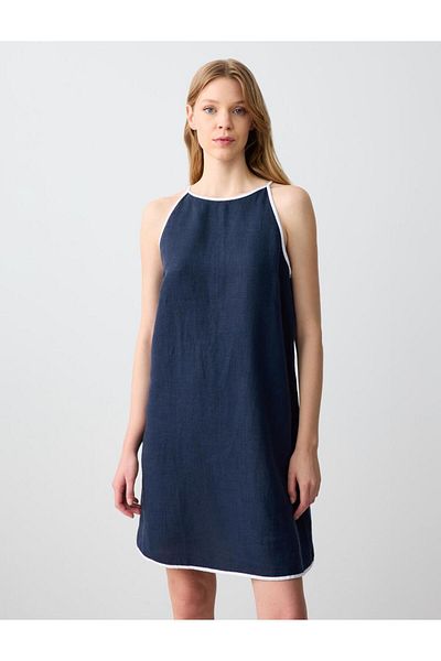 Jimmy Key Navy Blue 100% Linen Relaxed Cut Halter Neck Strap Mini Dress