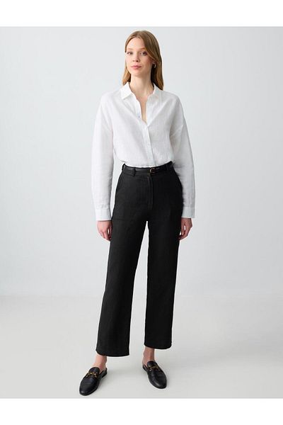 Jimmy Key Black 100% Linen Straight Cut High Waist Regular Leg Woven Trousers