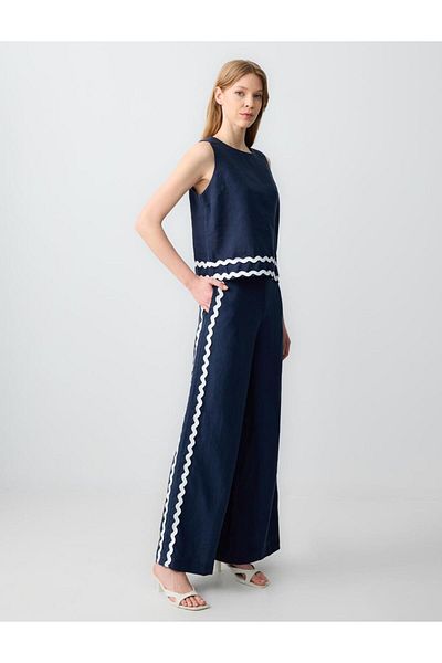Jimmy Key Navy Blue 100% Linen Relaxed Cut High Waist Loose Wide Leg Patterned Trousers