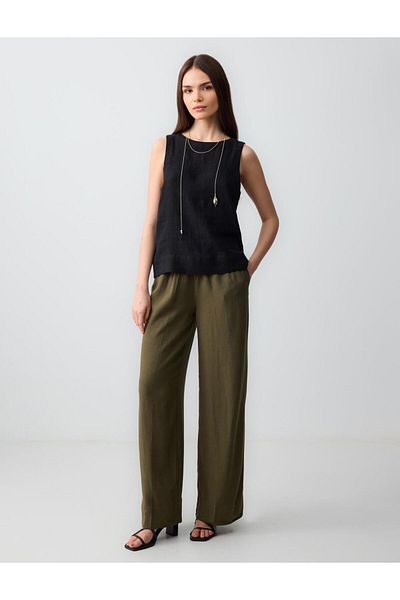 Jimmy Key Khaki Relaxed Cut High Waist Loose Wide Leg Long Linen Trousers