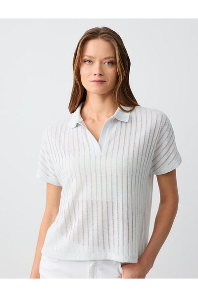 Jimmy Key Ecru Relaxed Cut Short Sleeve Polo Neck Openwork Knitted T-Shirt