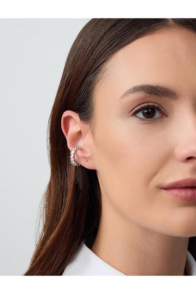 Jimmy Key Silver Color Inline Shiny Stone Detailed Joint Earrings