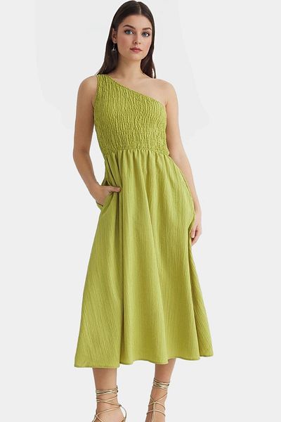 PayBuy One Shoulder Midi Dress Woven Fabric Stylish Summer Long Lasting Distinctive Material Durable