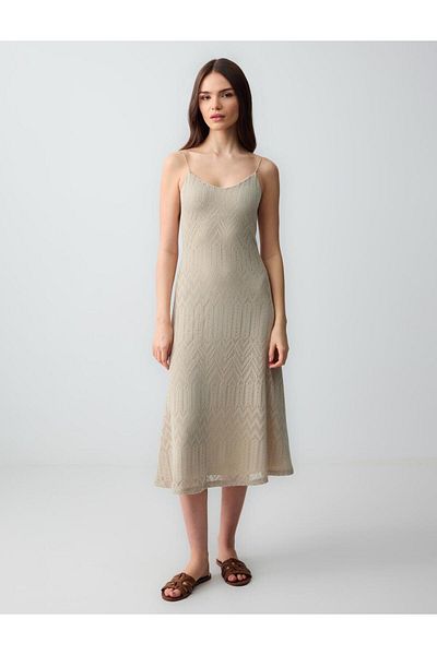 Jimmy Key Stone Slim Fit Strap V-Neck Openwork Knitted Midi Dress