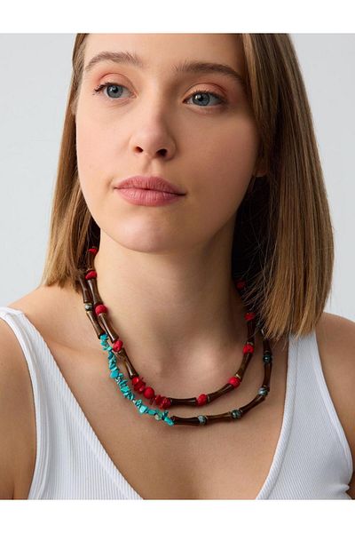 Jimmy Key Mixed Natural Stone Detailed Adjustable Double Necklace Set