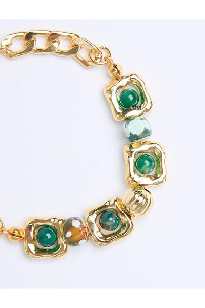 Jimmy Key Green Natural Stone Detailed Chain Bracelet