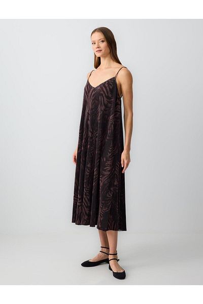 Jimmy Key Brown Strappy V-Neck Pleated Patterned Knitted Midi Dress